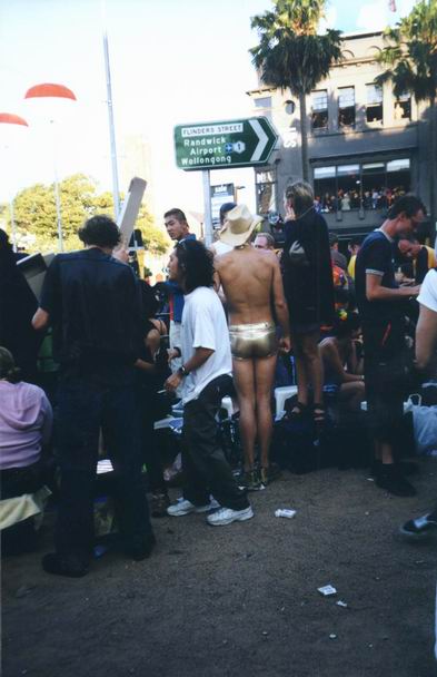 Mardi Gars Man dressed in a good will & gold underpants :-)